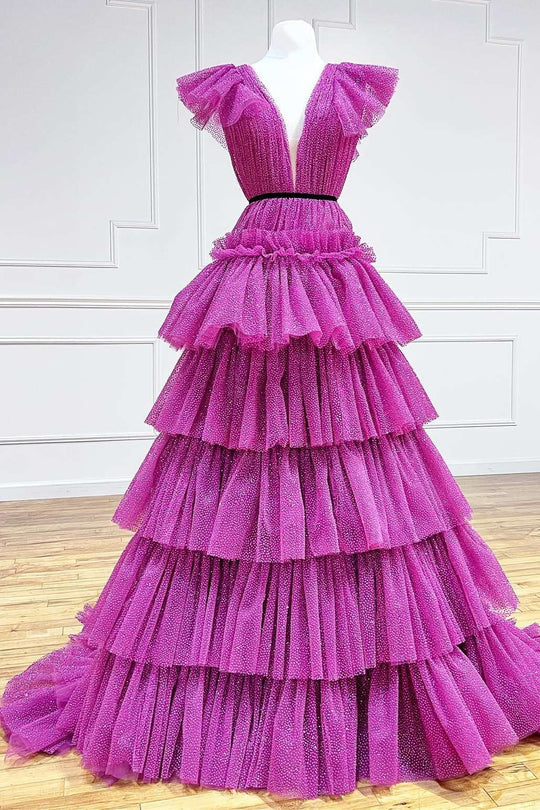 Luolandi A Line V-neck Long Tiered Ruffles Prom Dresses Evening Dresses Magenta